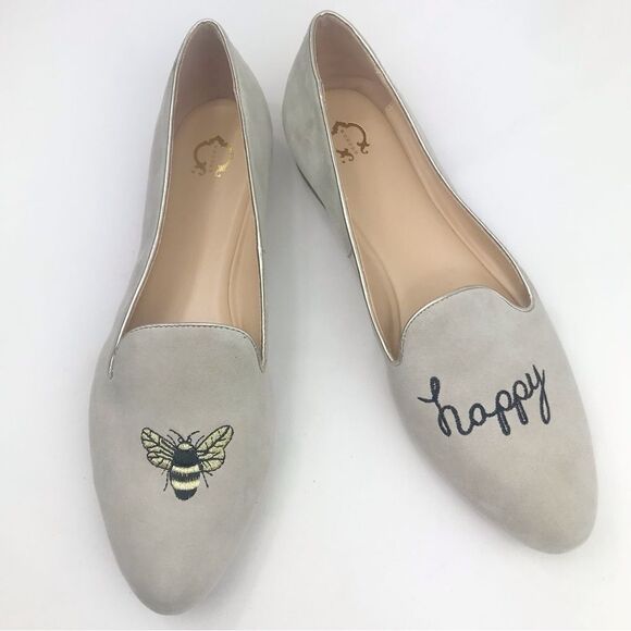 C Wonder Creamy Taupe Suede Leather Be Happy Embroidered Ballet Slipper Flats - Picture 1 of 16